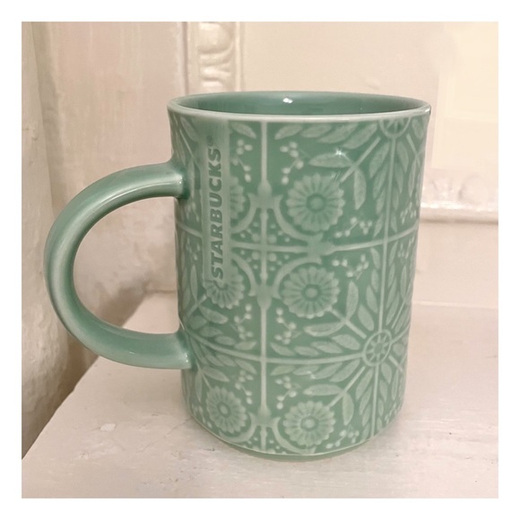 Starbucks 12 oz Jade Green Ceramic Coffee Mug with Embossed 3D Floral Design - Picture 2 of 9